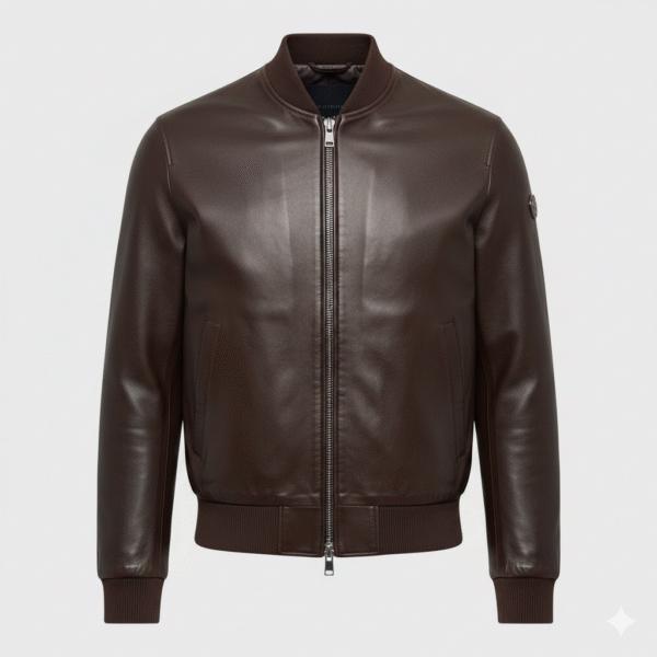 Men’s Dark Brown Leather Bomber Jacket – Stylish & Durable