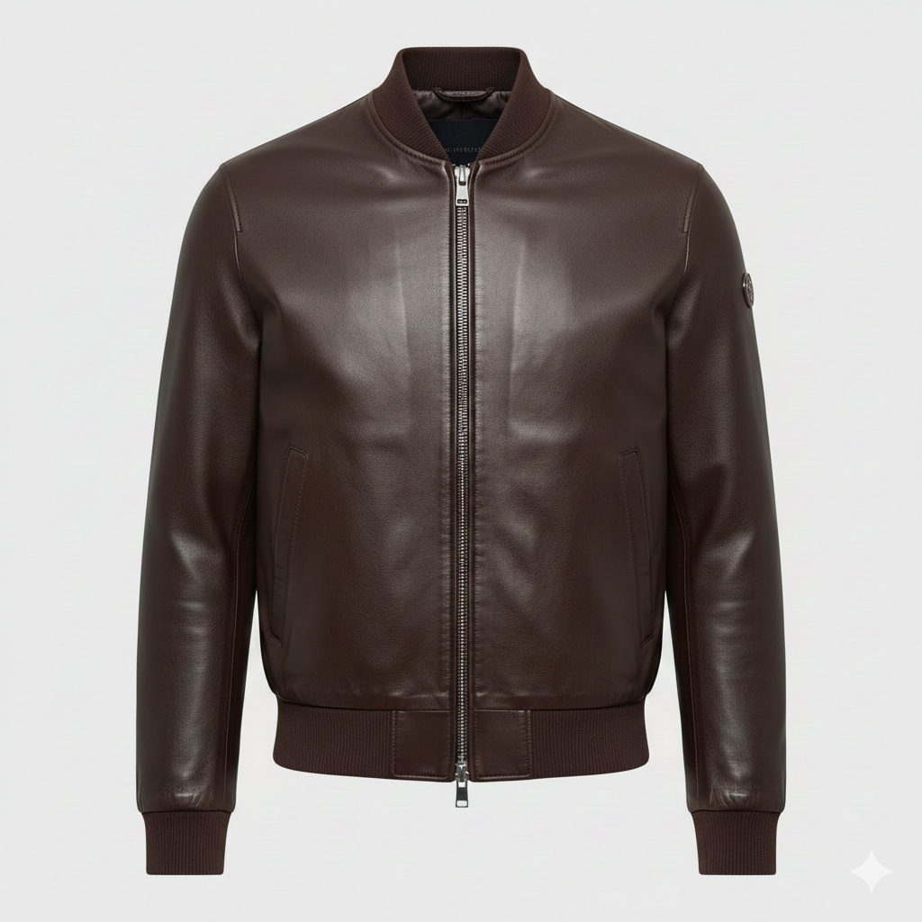 Men’s Dark Brown Leather Bomber Jacket – Stylish & Durable