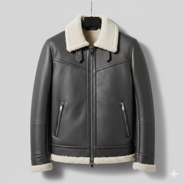 Men's Shearling Leather Jacket B3 Aviator in Charcoal Grey