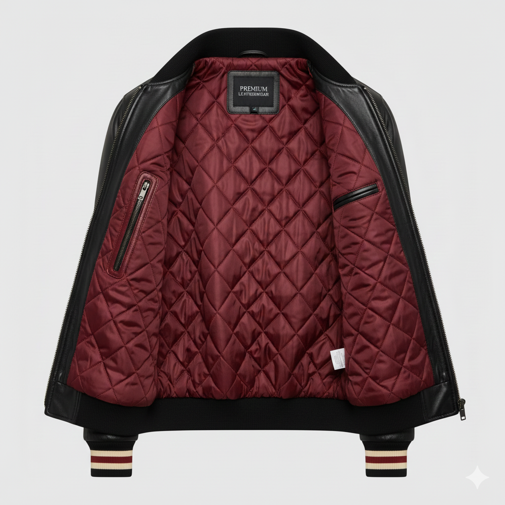 Black Leather Varsity Jacket Men's Bomber Style