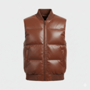Brown Leather Puffer Vest for Men Bomber Style Ribbed Trim