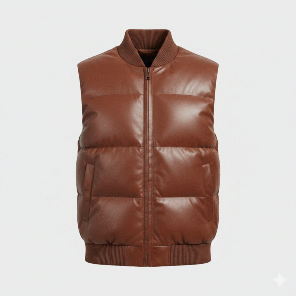 Brown Leather Puffer Vest for Men Bomber Style Ribbed Trim
