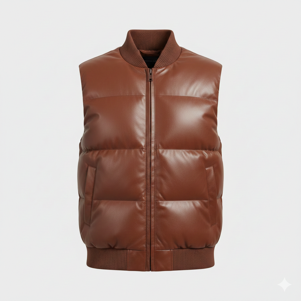 Brown Leather Puffer Vest for Men Bomber Style Ribbed Trim