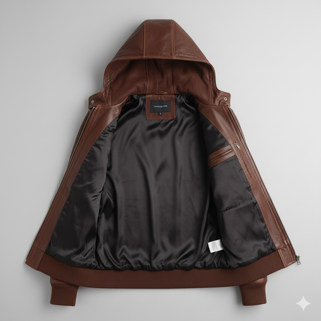 Dark Brown Leather Hoodie Jacket for Men Stylish Design