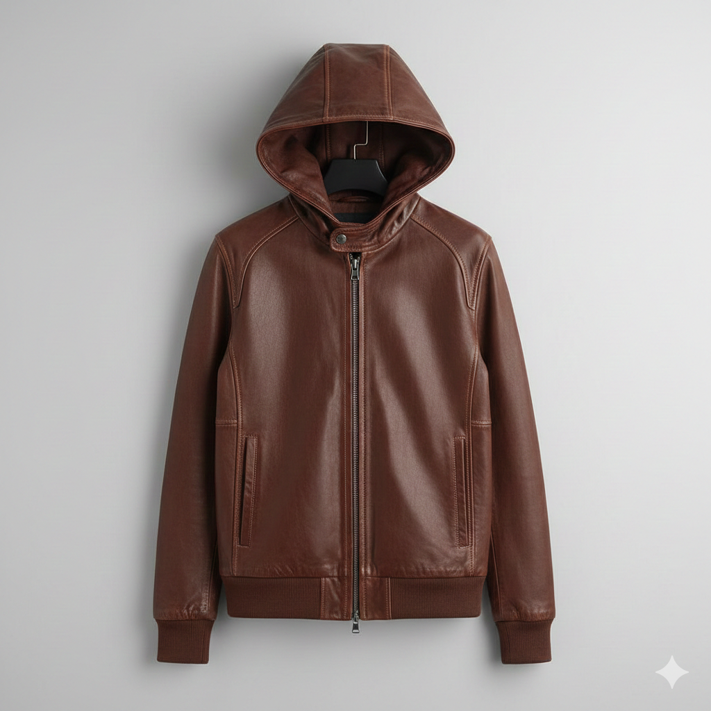 Dark Brown Leather Hoodie Jacket for Men Stylish Design
