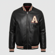Black Leather Varsity Jacket Men's Bomber Style