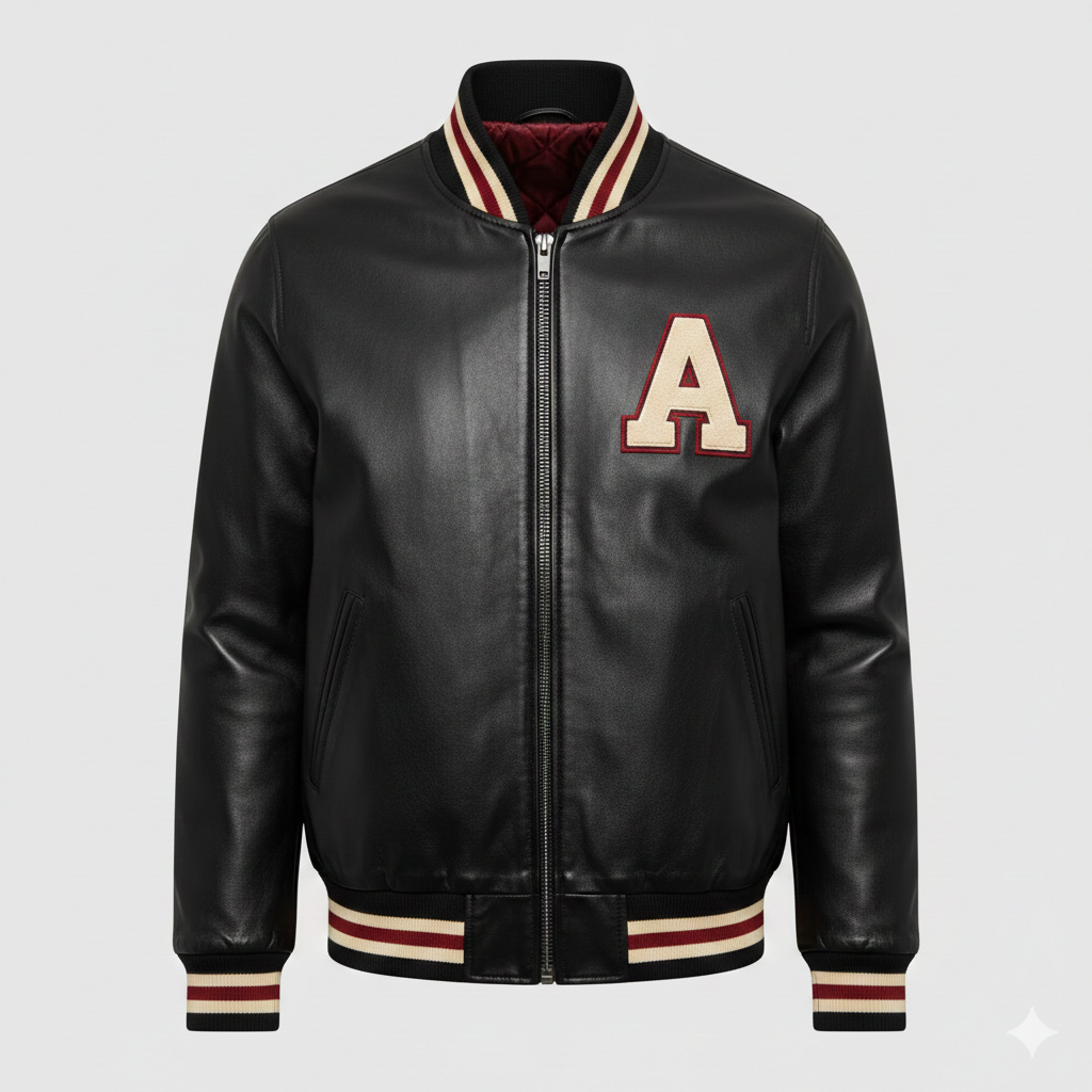 Black Leather Varsity Jacket Men's Bomber Style