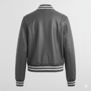 Women Leather Varsity Jacket Charcoal Grey Letterman Style