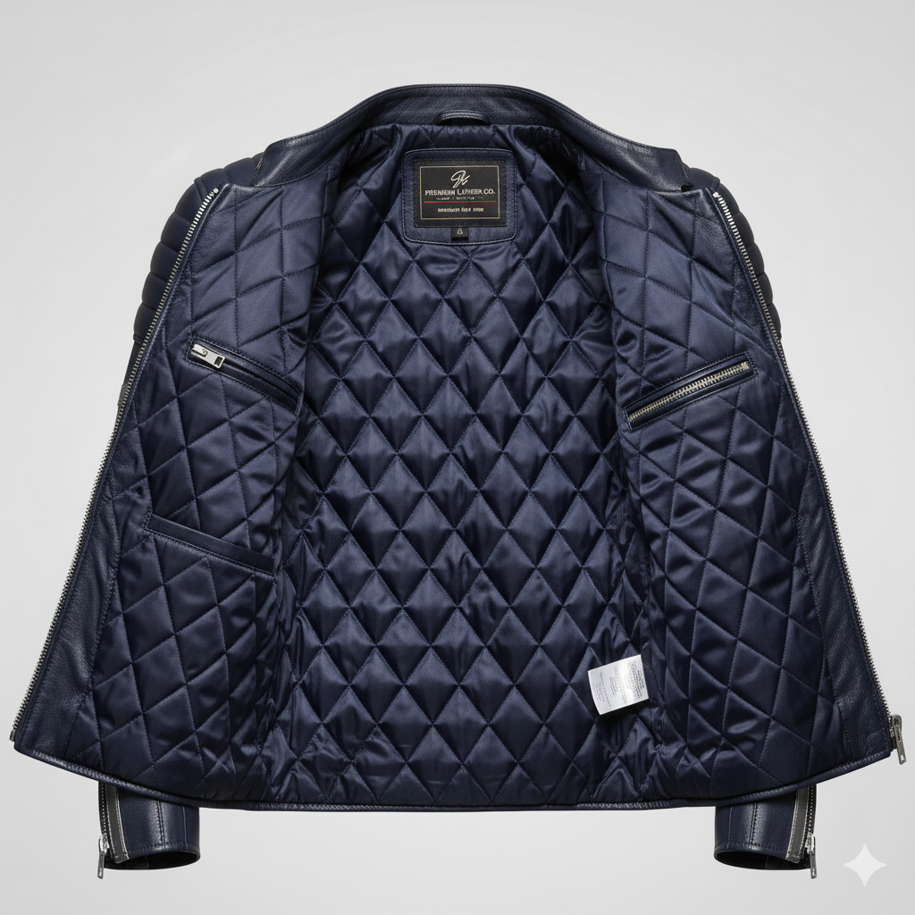 Navy Blue Racing Biker Leather Jacket with Silver Racing Stripes