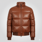 Brown Leather Puffer Jacket for Men Premium Quality