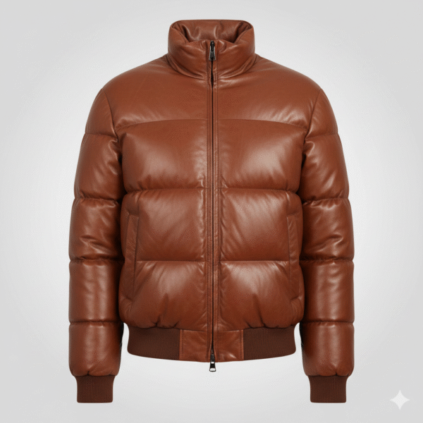 Brown Leather Puffer Jacket for Men Premium Quality