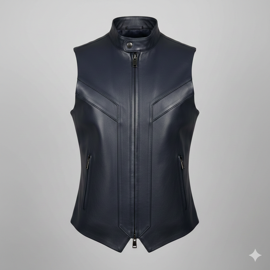 Midnight Blue Men’s Leather Vest in Modern Tapered Style