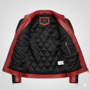 Red Leather Biker Jacket with Premium Black Contrast Trim