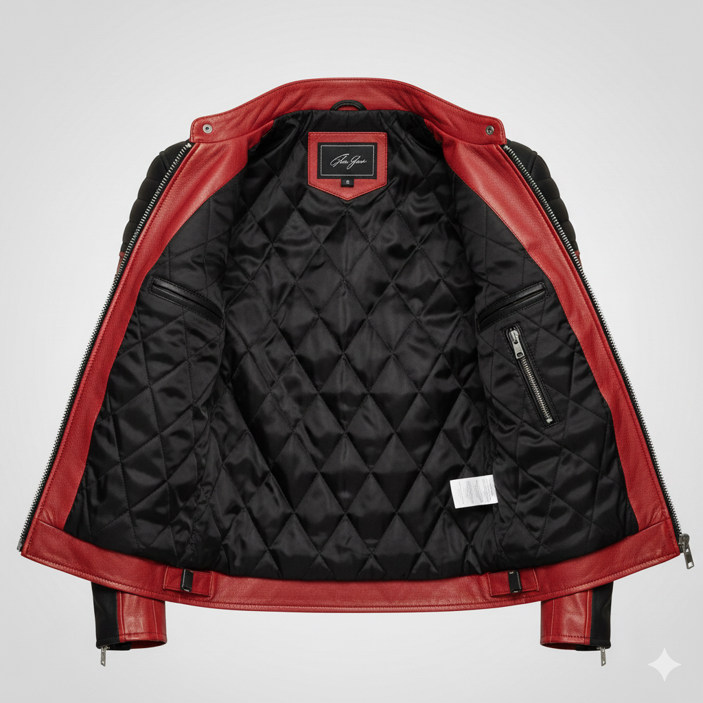 Red Leather Biker Jacket with Premium Black Contrast Trim