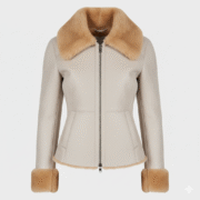 Cream Shearling Fur Leather Aviator Jacket for Women Modern Fit