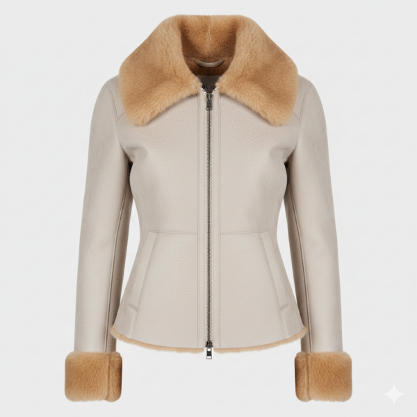 Cream Shearling Fur Leather Aviator Jacket for Women Modern Fit
