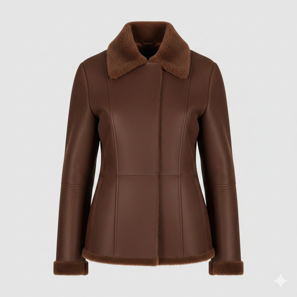 Women's Mocha Shearling Jacket Premium Panel Cut Design