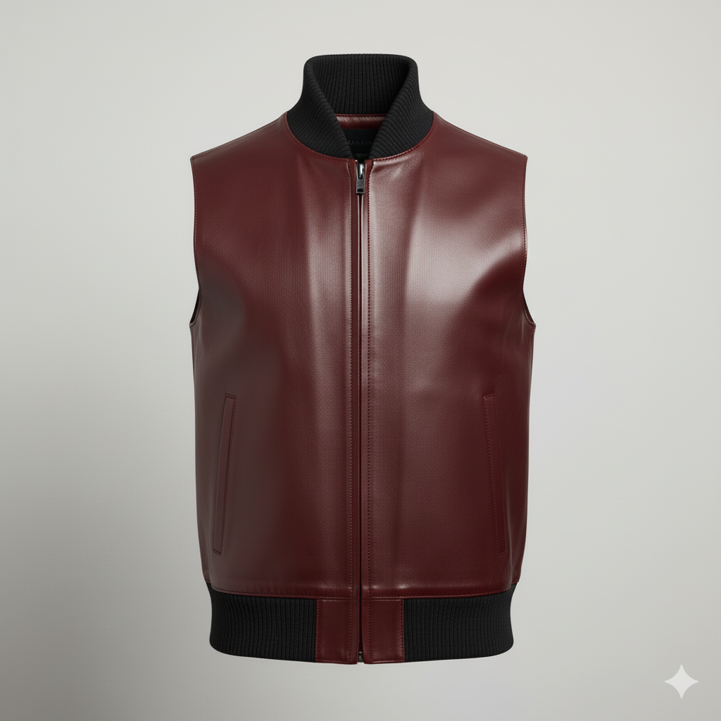 Rich Burgundy Leather Bomber Style Vest For Men