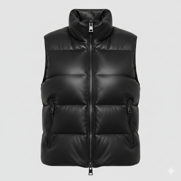 Black Leather Puffer Vest for Women Warm Sleeveless Design