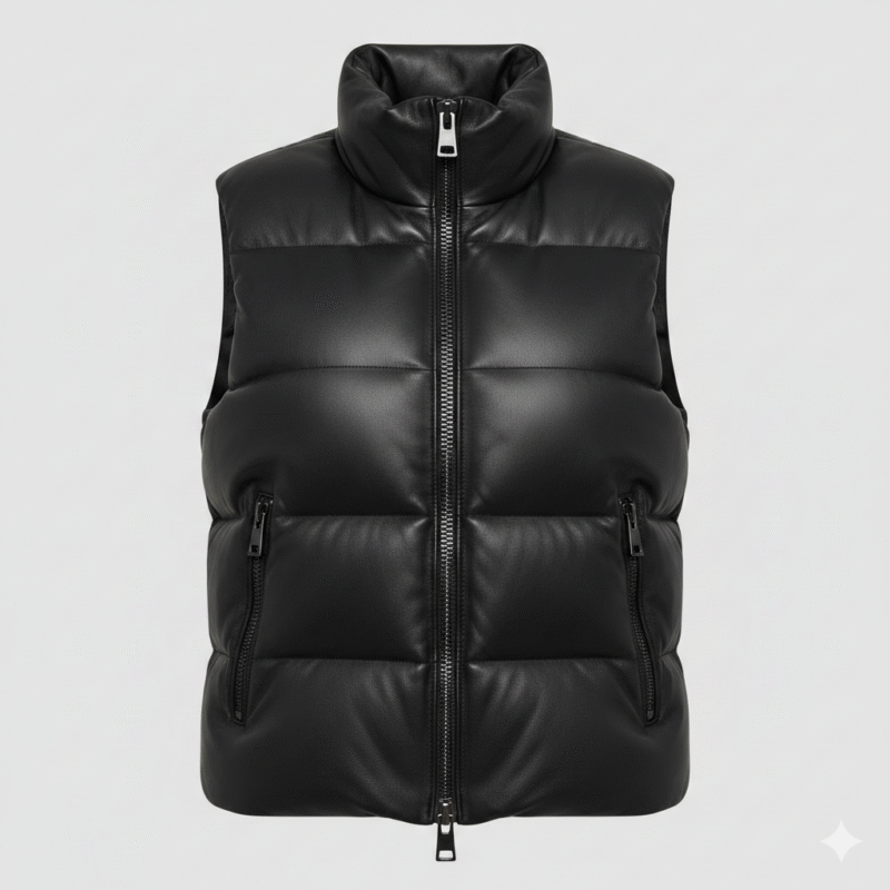 Black Leather Puffer Vest for Women Warm Sleeveless Design