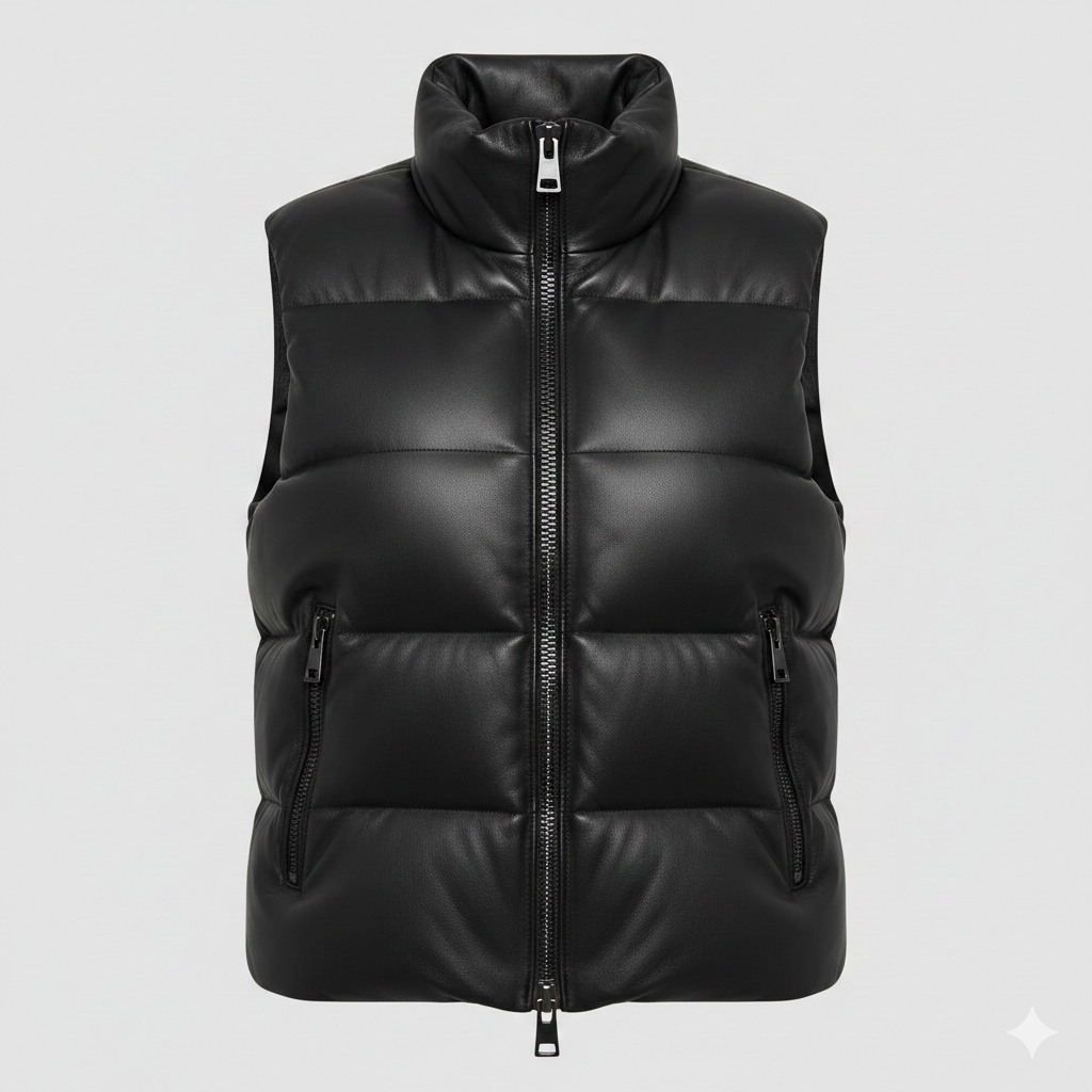 Black Leather Puffer Vest for Women Warm Sleeveless Design