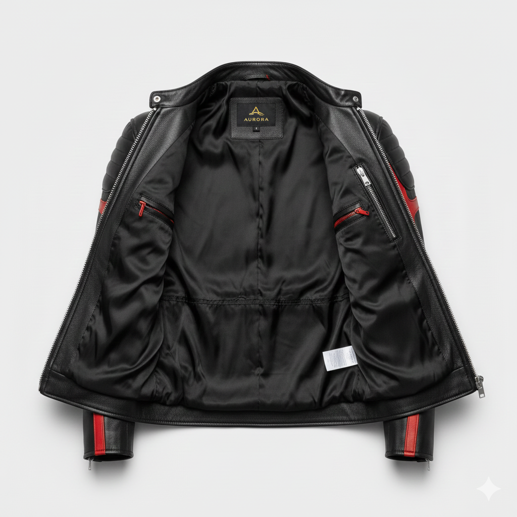 Black & Red Leather Biker Jacket Sport Racing Style