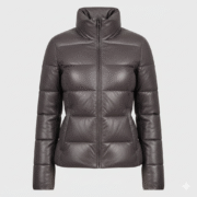 Charcoal Leather Puffer Jacket for Women Stand Collar Fit