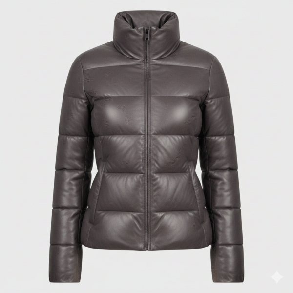 Charcoal Leather Puffer Jacket for Women Stand Collar Fit