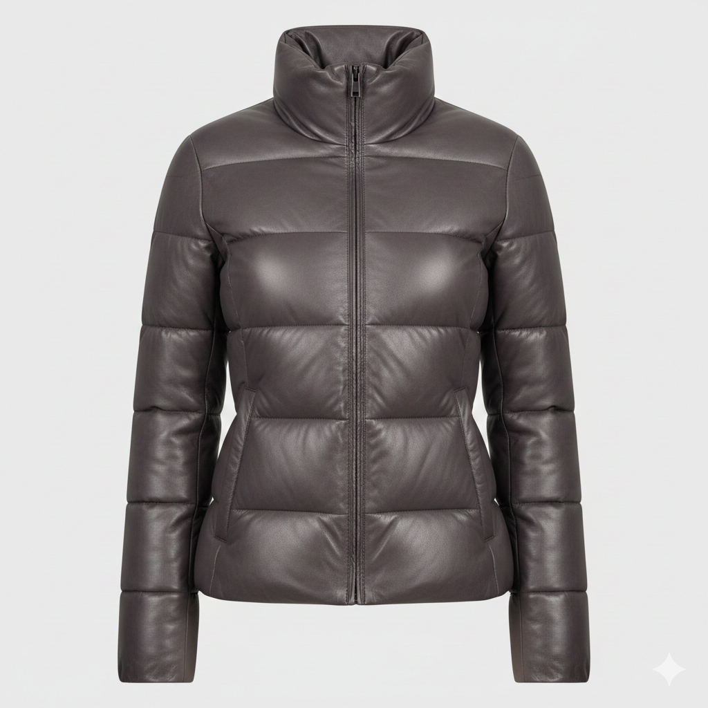 Charcoal Leather Puffer Jacket for Women Stand Collar Fit