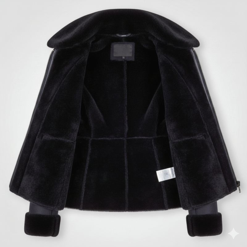 Shearling Fur Jacket for Women in Navy Blue Slim Fit Luxury