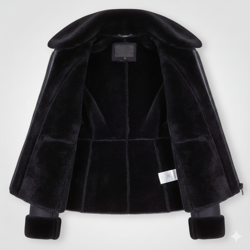 Shearling Fur Jacket for Women in Navy Blue Slim Fit Luxury