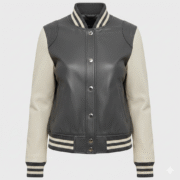 Women Leather Varsity Jacket Charcoal With Cream Contrast