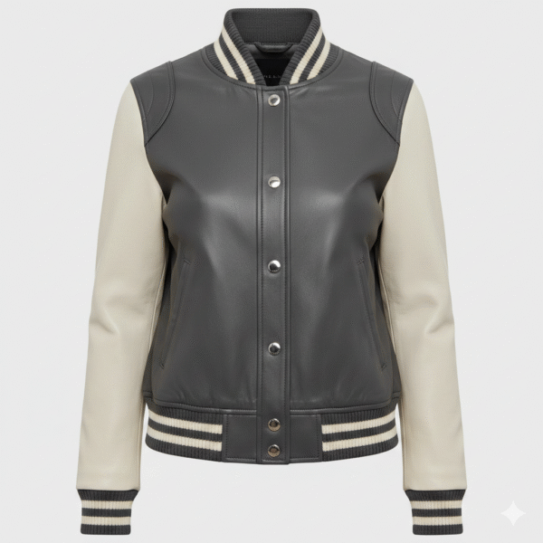 Women Leather Varsity Jacket Charcoal With Cream Contrast