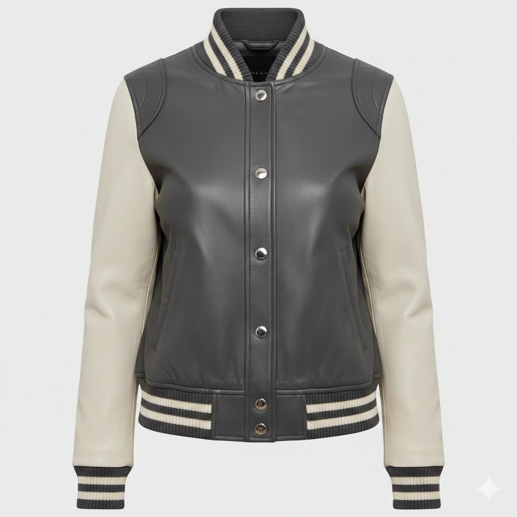 Women Leather Varsity Jacket Charcoal With Cream Contrast