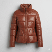 Brown Leather Puffer Jacket for Women Lightweight & Warm