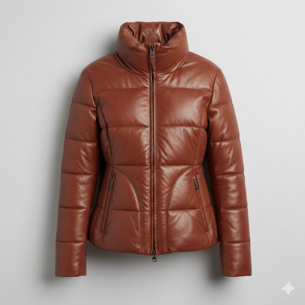 Brown Leather Puffer Jacket for Women Lightweight & Warm