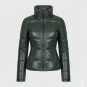 Deep Forest Green Puffer Leather Jacket for Women
