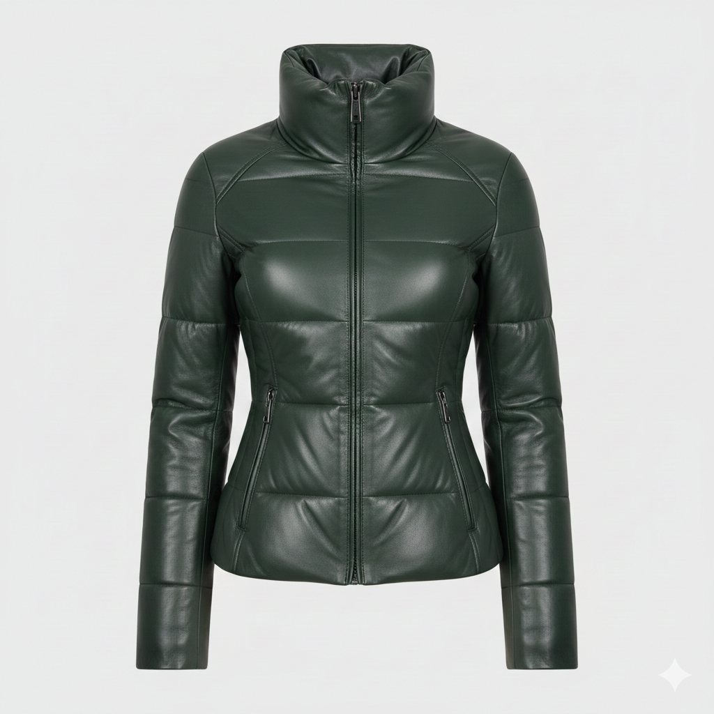 Deep Forest Green Puffer Leather Jacket for Women
