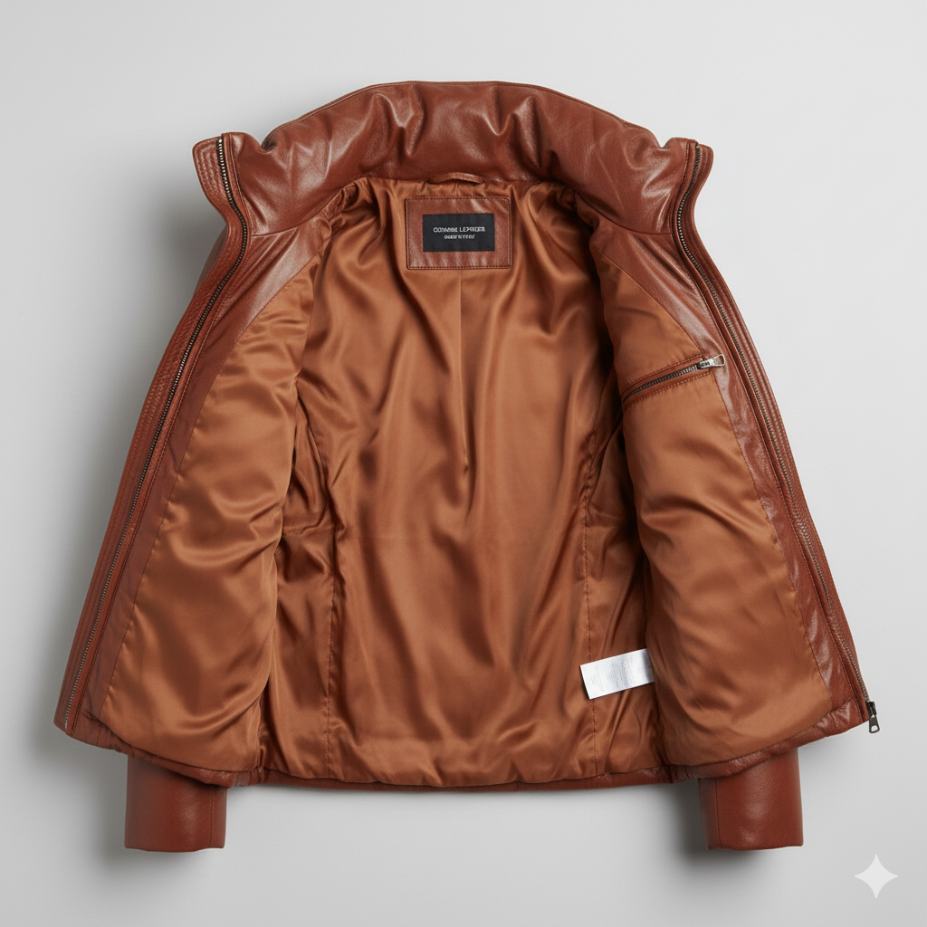 Brown Leather Puffer Jacket for Women Lightweight & Warm