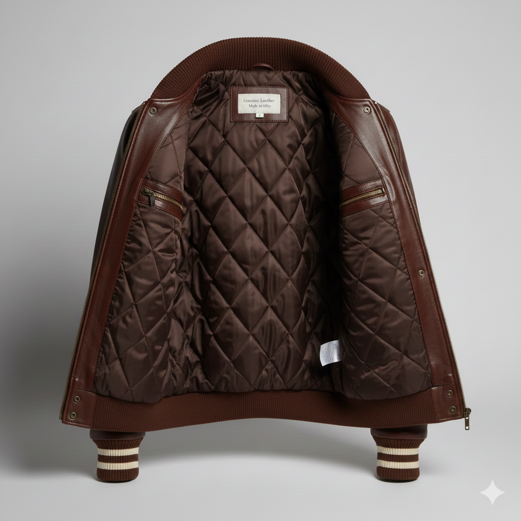 Brown Leather Varsity Jacket with Classic Ribbed Bomber Style