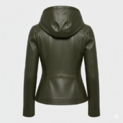 Leather Hooded Jacket for Women in Olive Green Stylish Fit