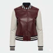 Leather Varsity Jacket Burgundy Grey Women's Bomber Outerwear