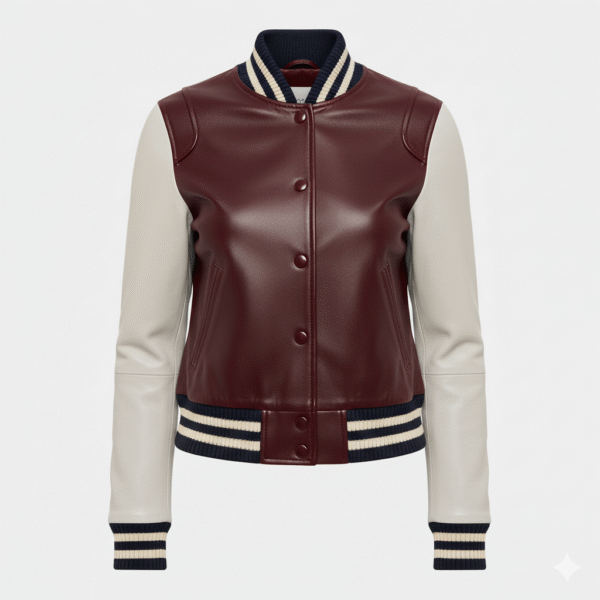 Leather Varsity Jacket Burgundy Grey Women's Bomber Outerwear