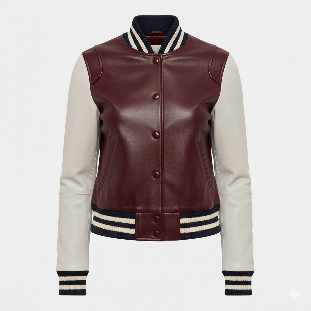 Leather Varsity Jacket Burgundy Grey Women's Bomber Outerwear
