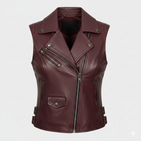 Burgundy Leather Vest for Women Cropped Slim Tailored Fit