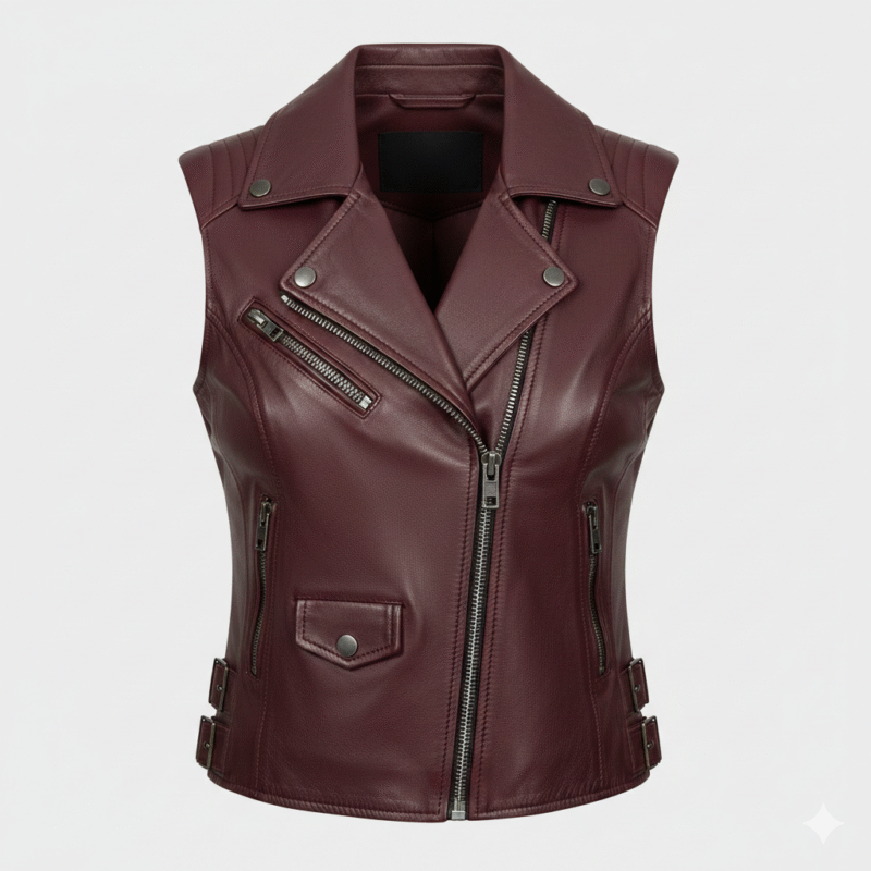 Burgundy Leather Vest for Women Cropped Slim Tailored Fit