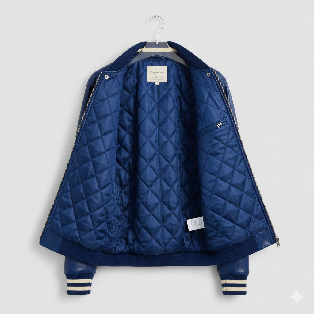 Men's Blue Leather Varsity Jacket with Ribbed Bomber Style