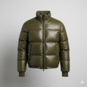 Olive Green Leather Puffer Jacket For Men Stylish Quilted Design