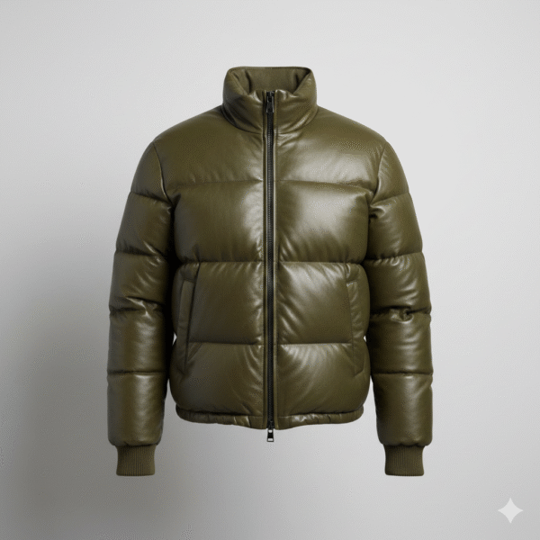 Olive Green Leather Puffer Jacket For Men Stylish Quilted Design