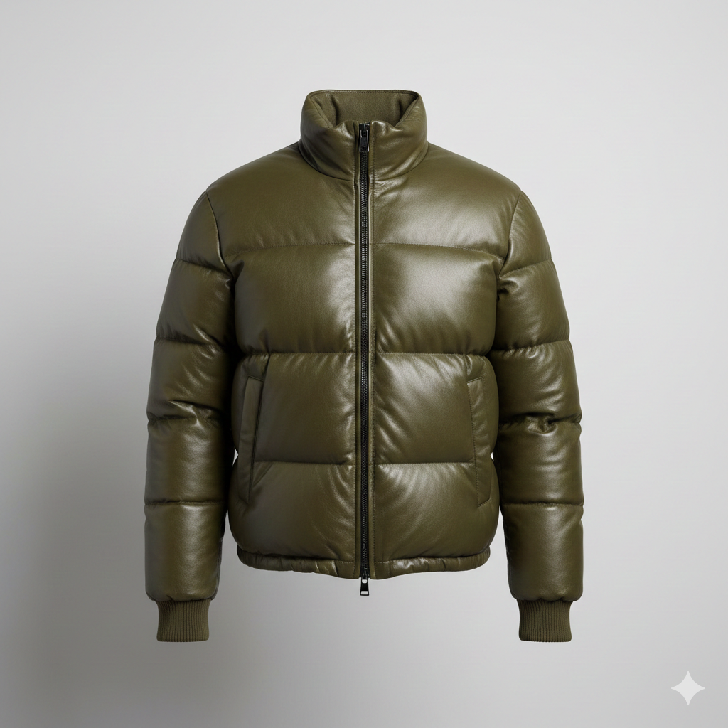 Olive Green Leather Puffer Jacket For Men Stylish Quilted Design